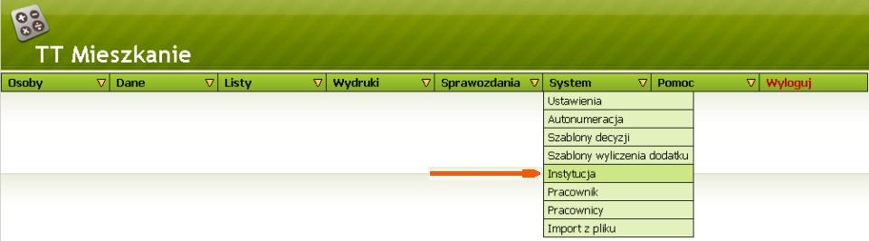 Menu - System->Instytucja