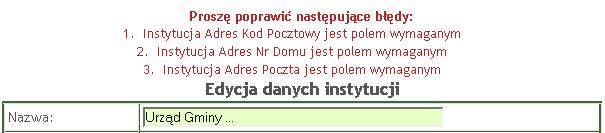 System->Instytucja - komunikat