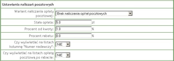 Ustawienia naliczeń pocztowych