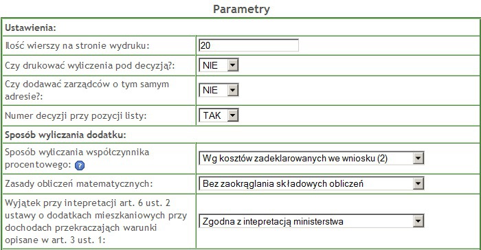 System->Ustawienia - parametry