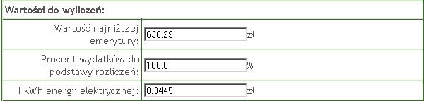 System->Ustawienia - wartości do wyliczeń