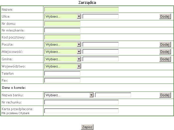 Formatka - dane zarządcy