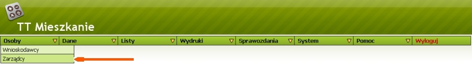 Menu Osoby->Zarządcy